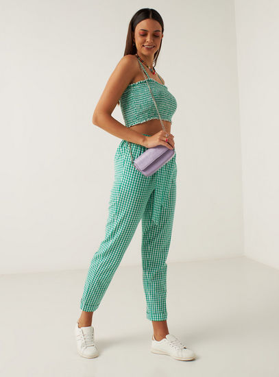 Gingham Print Peg Pants with Belt Tie-Ups and Pockets