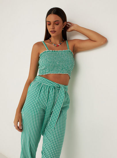 Gingham Checked Crop Top with Shirring Detail and Spaghetti Straps