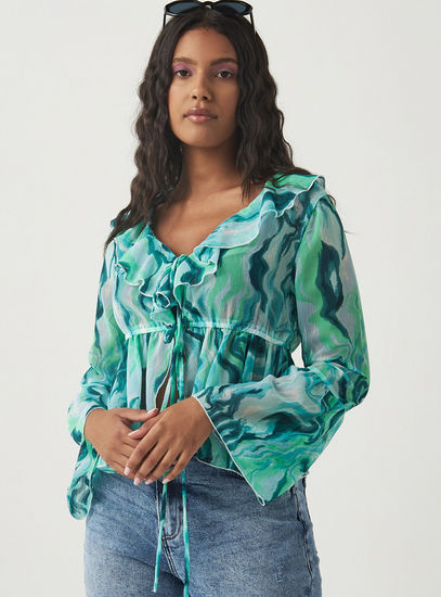 All Over Print V-neck Top with Long Sleeves and Ruffle Detail