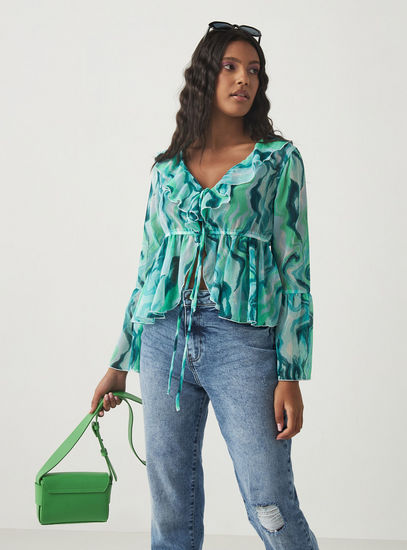 All Over Print V-neck Top with Long Sleeves and Ruffle Detail