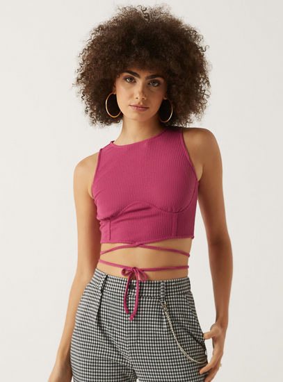 Ribbed Sleeveless Crop Top with Tie-Ups and Crew Neck