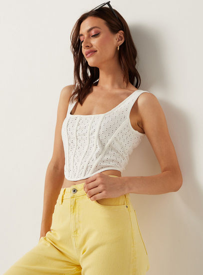 Textured Sleeveless Corset Crop Top with Square Neck