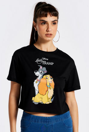 Lady and the Tramp Print Round Neck T-shirt with Short Sleeves