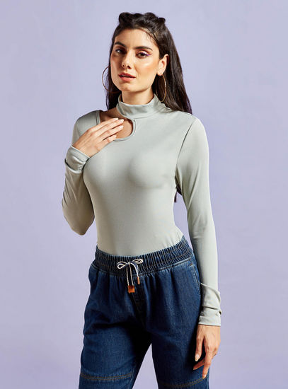 Ribbed Slim Fit Top with Long Sleeves and Cut-Out Detail