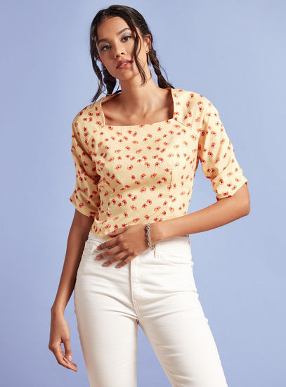 Floral Print Top with Square Neck and Short Sleeves