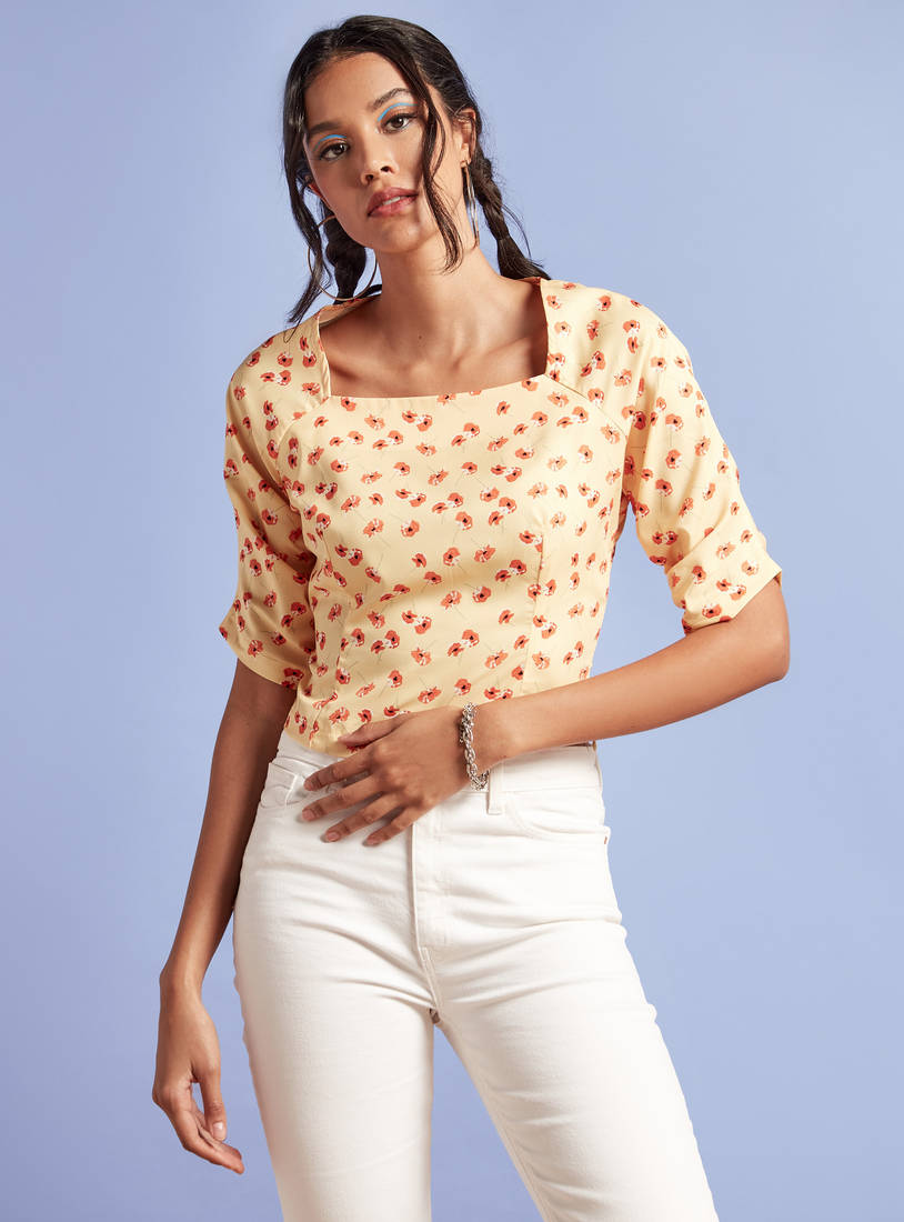 Floral Print Top with Square Neck and Short Sleeves-Blouses-image-0