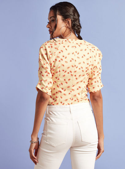 Floral Print Top with Square Neck and Short Sleeves