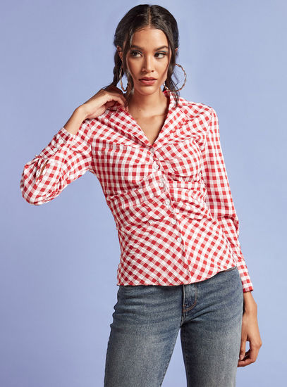 Checked Long Sleeve Shirt with Camp Collar and Pleat Detail