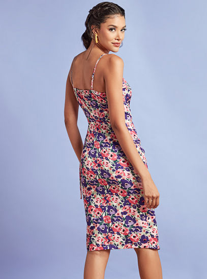 Floral Print Bodycon Sleeveless Dress with Tie-Up Detail