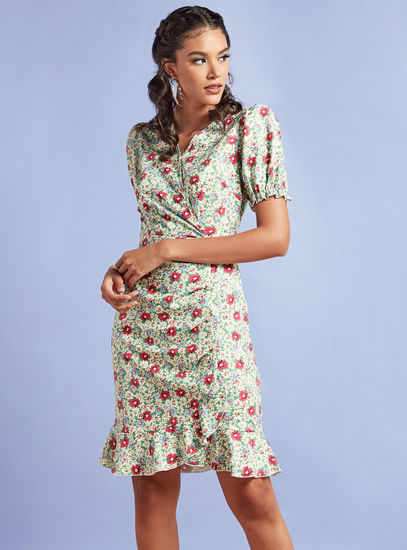 Floral Print Shift Dress with Flounce Hem and Puff Sleeves