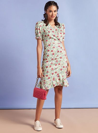 Floral Print Shift Dress with Flounce Hem and Puff Sleeves