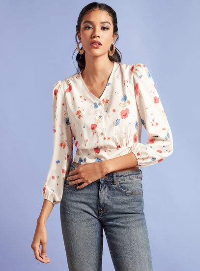 Floral Print V-neck Top with Button Closure and Long Sleeves