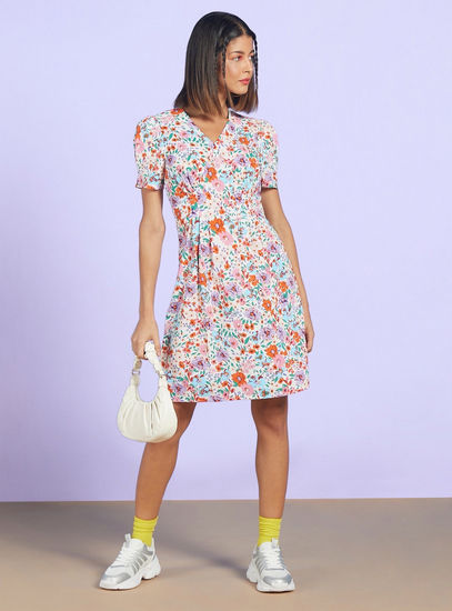 All Over Floral Print Mini Dress with Short Sleeves and V-neck