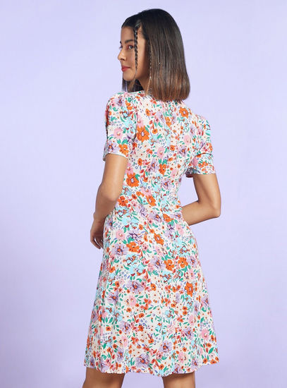 All Over Floral Print Mini Dress with Short Sleeves and V-neck