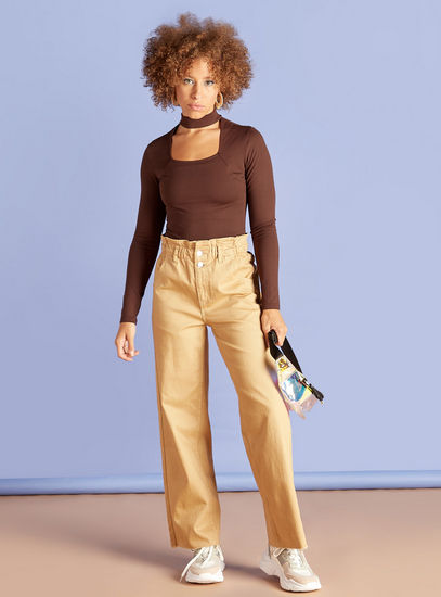 Solid Top with Square Cutout Neck and Long Sleeves-Shirts & Blouses-image-1