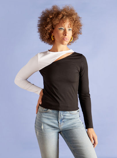 Colourblock Long Sleeves Top with Cut-Out Detail-Shirts & Blouses-image-0