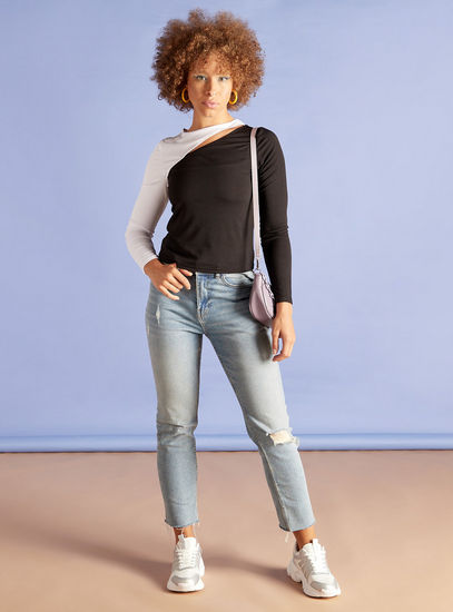 Colourblock Long Sleeves Top with Cut-Out Detail-Shirts & Blouses-image-1