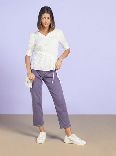 Solid V-neck Top with Drawstring Detail and Short Sleeves-Shirts & Blouses-image-1