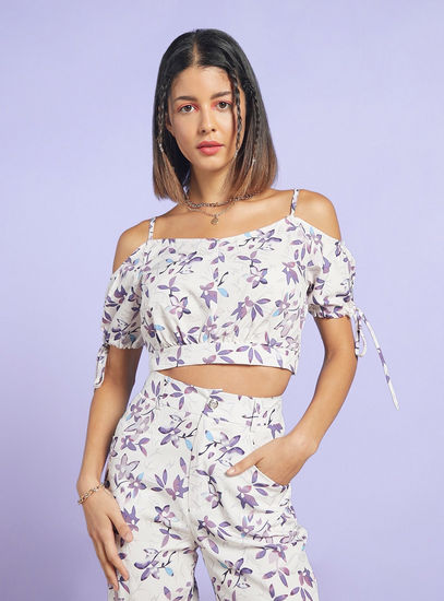 All Over Floral Print Crop Top with Spaghetti Straps and Short Sleeves