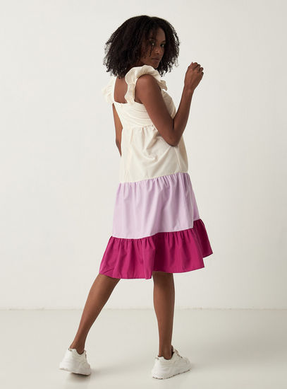 Colourblock Tiered Sleeveless Dress with Square Neck and Ruffle Detail