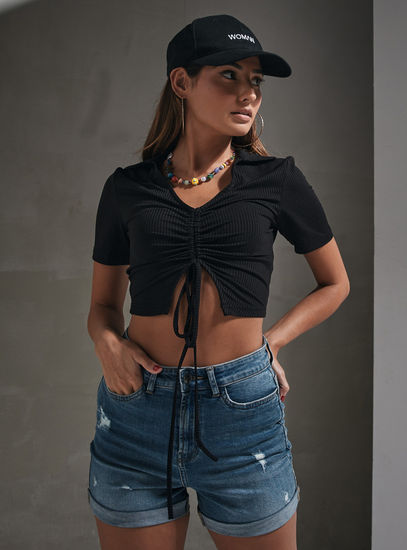 Solid V-neck Crop Top with Short Sleeves and Ruched Detail