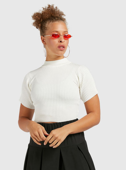 Textured High Neck Top with Short Sleeves-Blouses-image-0
