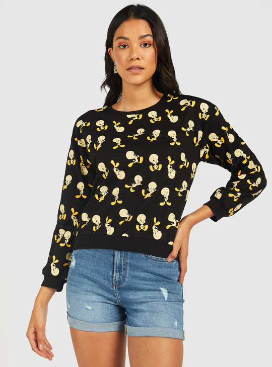 All-Over Tweety Print Sweatshirt with Round Neck and Long Sleeves