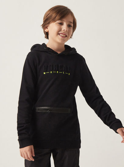Typography Embossed Sweatshirt with Zipped Pocket and Hood