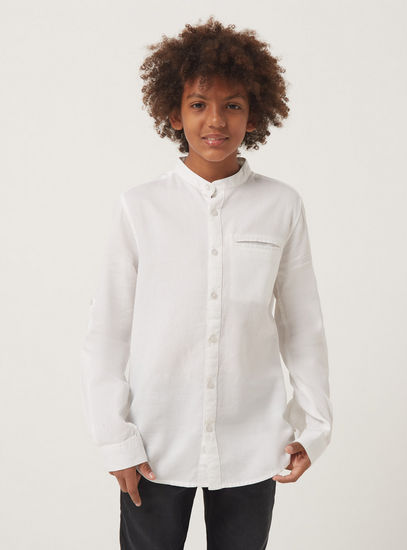 Dobby Mandarin Collar Shirt with Long Sleeves and Pocket