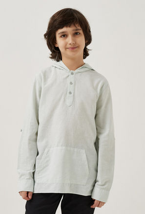 Plain Linen Blend Shirt with Hood and Kangaroo Pocket