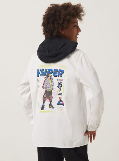 Graphic Print Long Sleeves Shirt with Hood and Pocket