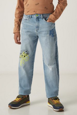 Printed Jeans with Button Closure and Pockets