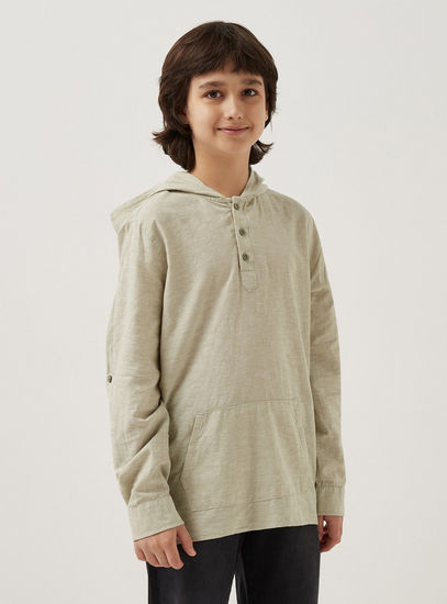 Plain Linen Blend Shirt with Hood and Kangaroo Pocket