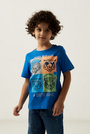 Tiger Print Round Neck T-shirt with Short Sleeves