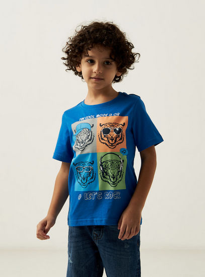 Tiger Print Round Neck T-shirt with Short Sleeves