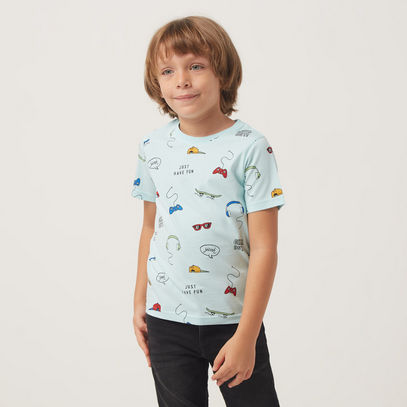 All-Over Print T-shirt with Crew Neck and Short Sleeves