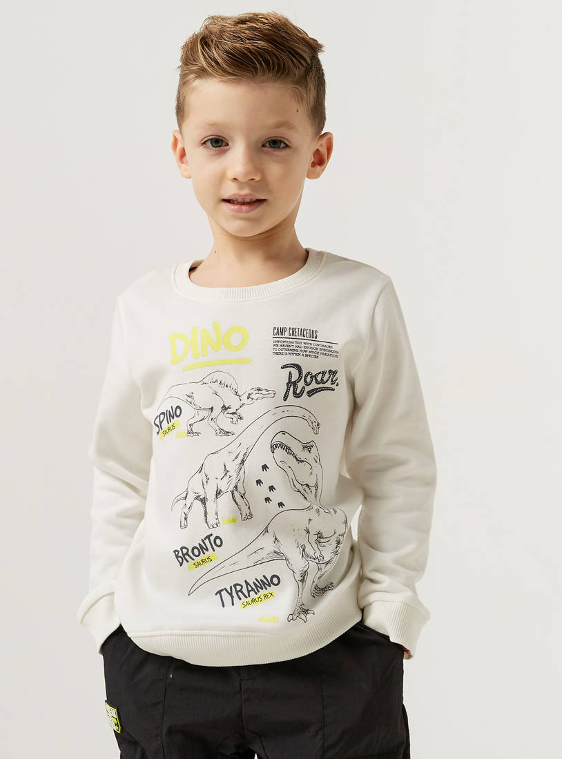 Dinosaur Print Sweatshirt with Round Neck and Long Sleeves-Hoodies & Sweatshirts-image-0