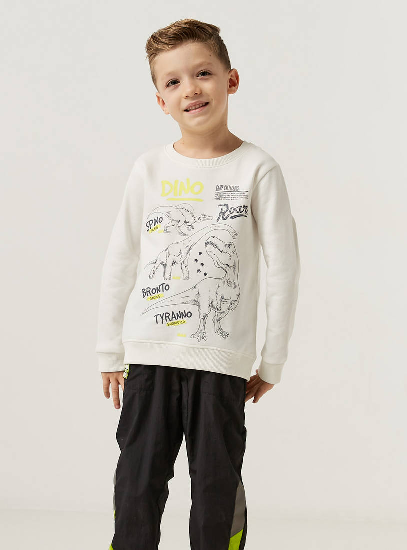 Dinosaur Print Sweatshirt with Round Neck and Long Sleeves-Hoodies & Sweatshirts-image-1