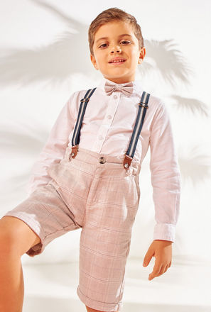 Long Sleeves Shirt and Checked Shorts Set with Bow Tie and Suspenders