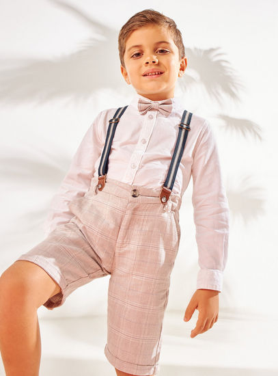 Long Sleeves Shirt and Checked Shorts Set with Bow Tie and Suspenders-Sets & Outfits-image-0