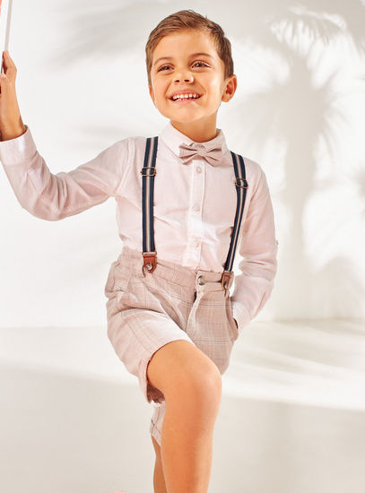 Long Sleeves Shirt and Checked Shorts Set with Bow Tie and Suspenders-Sets & Outfits-image-1