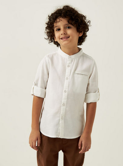 Textured Woven Shirt with Roll Up Sleeves and Pocket