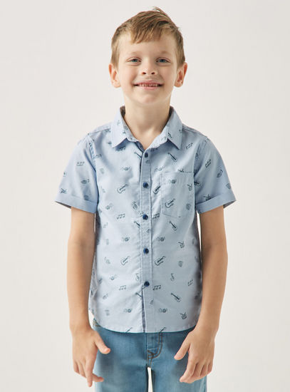 All-Over Print Woven Shirt with Short Sleeves and Pocket