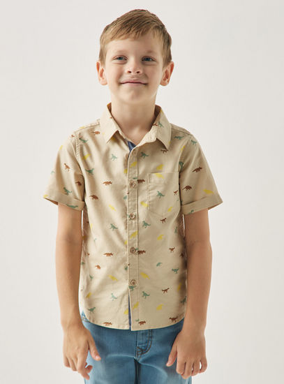 All-Over Print Woven Shirt with Short Sleeves and Pocket