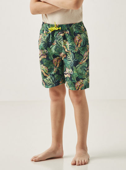 Tropical Print Mid-Rise Swim Shorts with Drawstring Closure and Pockets-Swimwear-image-0