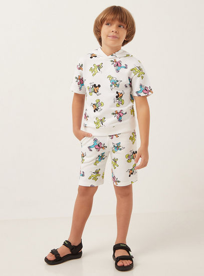 All-Over Mickey Mouse and Friends Print Hooded T-shirt and Shorts Set-Sets & Outfits-image-0
