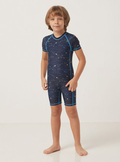All-Over Shark Print Swimsuit with Short Sleeves and Zip Closure