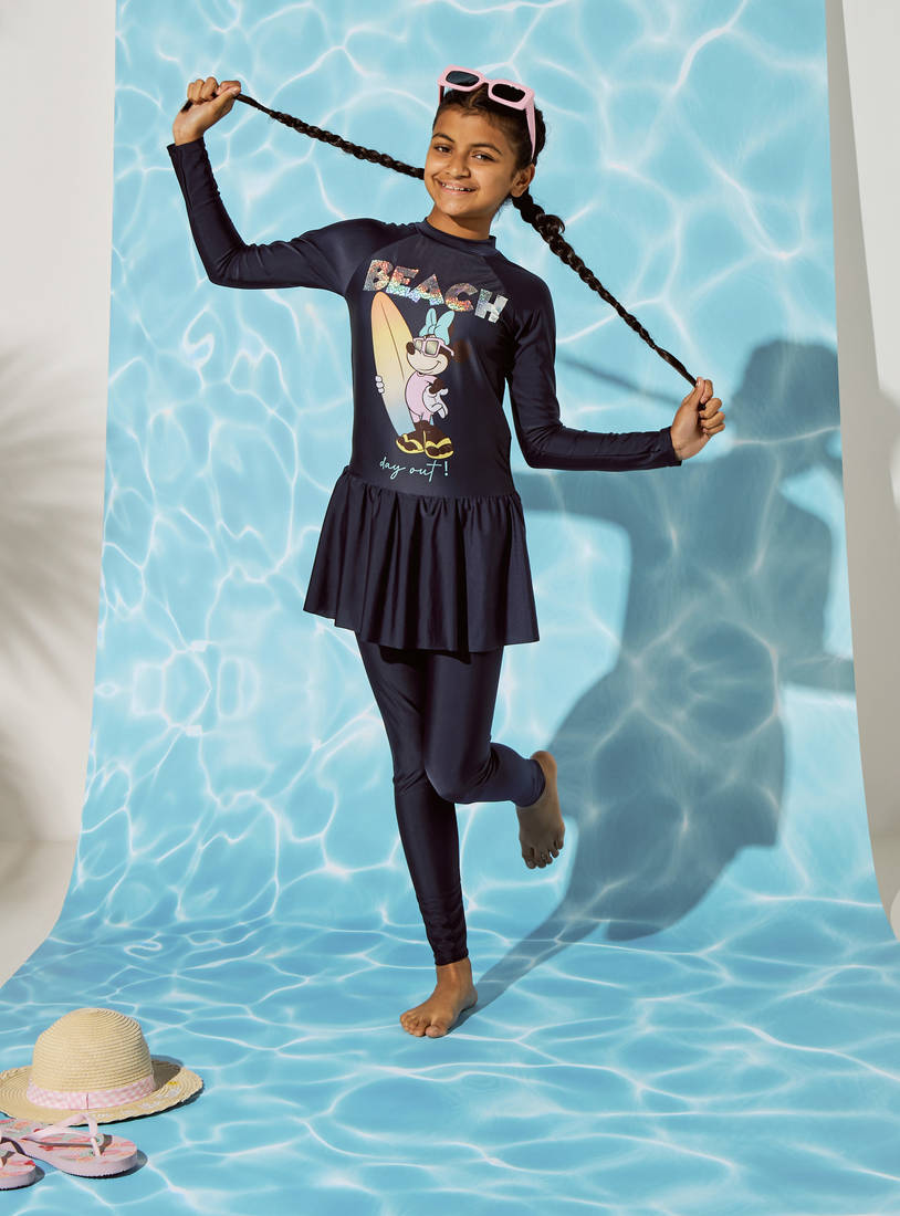 Minnie Mouse Print Burkini Swimsuit-Swimwear-image-0