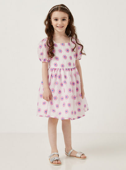 All-Over Daisy Print Jacquard Dress with Puff Sleeves-Occasion Dresses-image-0