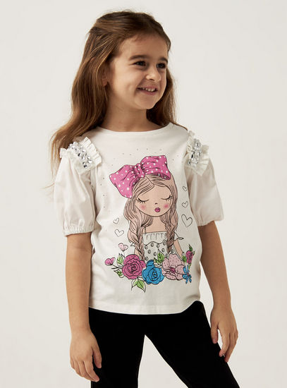 Graphic Print Round Neck T-shirt with Ruffles and Short Sleeves